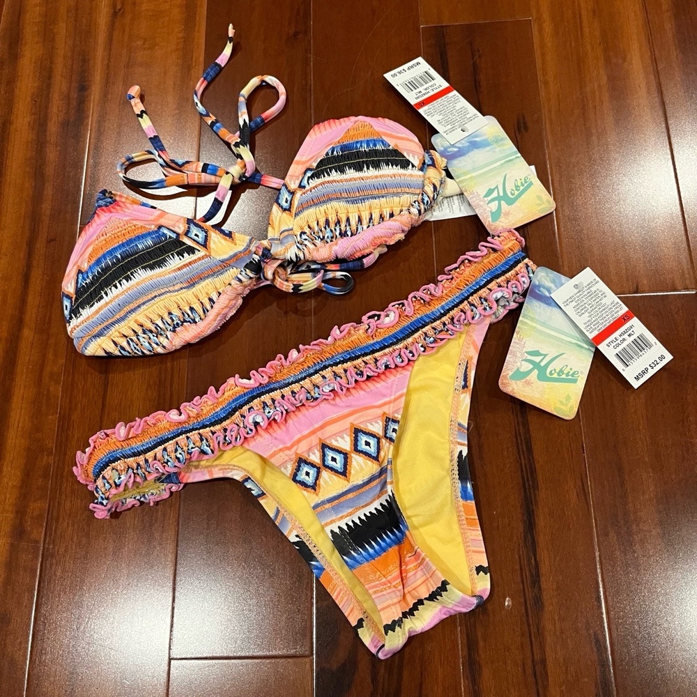 New NWT Hobie Bikini Set Two Piece Swim Multicolor Print Ruffle Size Extra Small
